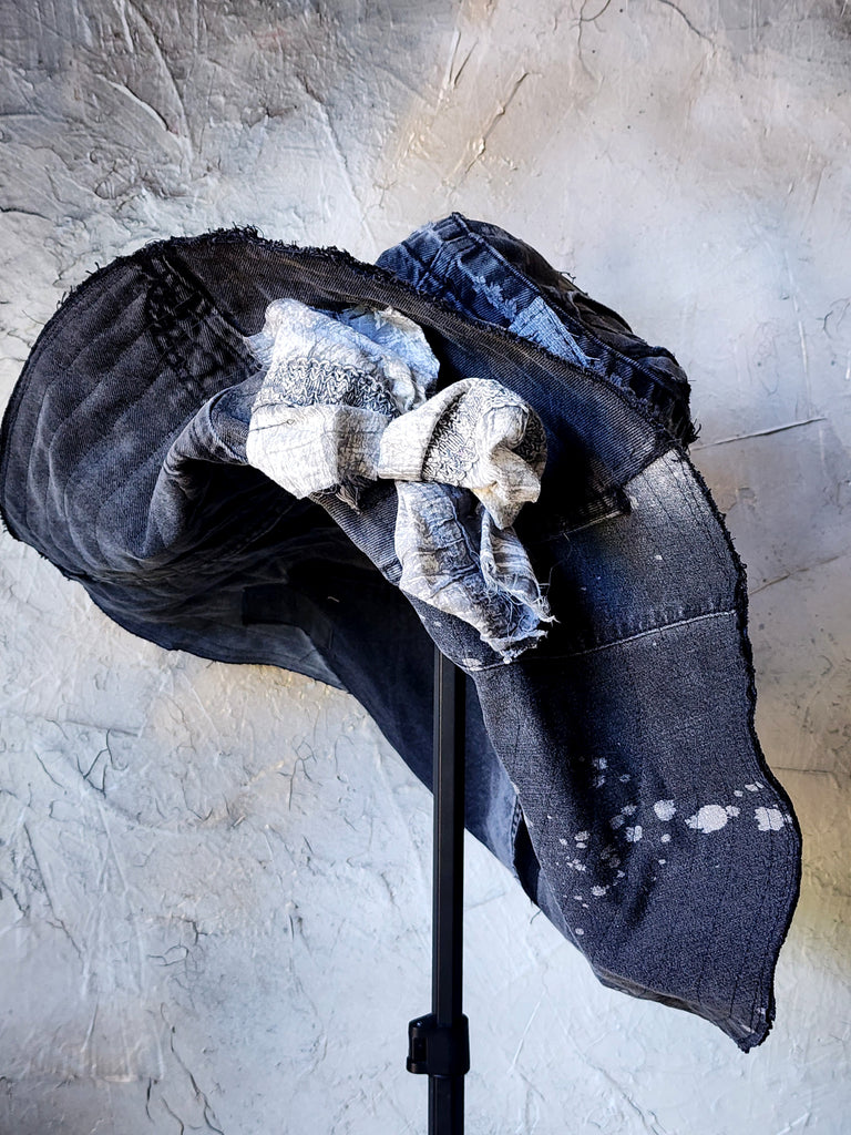 SPIRIT OF VENICE / Designer Top Hat Shabby Chic Hat Upcycled Distressed Denim Bohemian Avant-garde Hat Hand Stitched Top Hat Patchwork