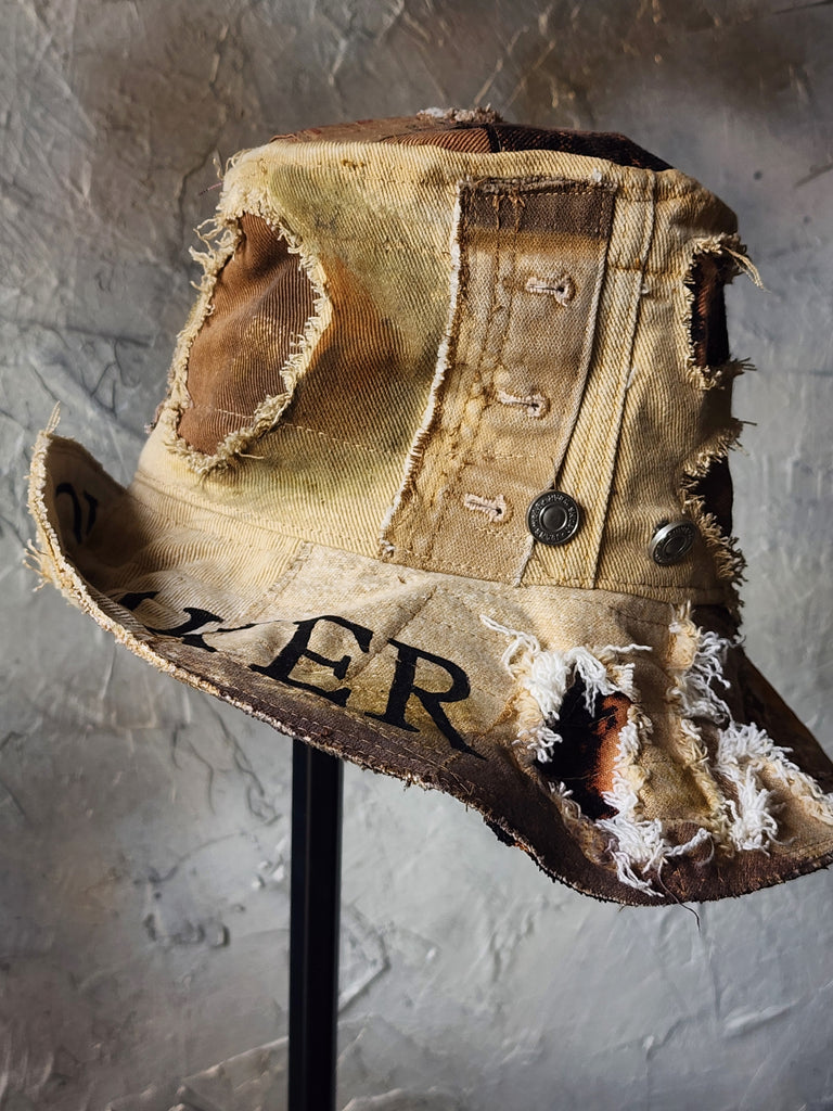 PEACEMACKER  / Designer Top Hat Upcycled Raw Wide-Brim Butterfly Patched Artisan Hat Avant-Garde Sculptural Hat