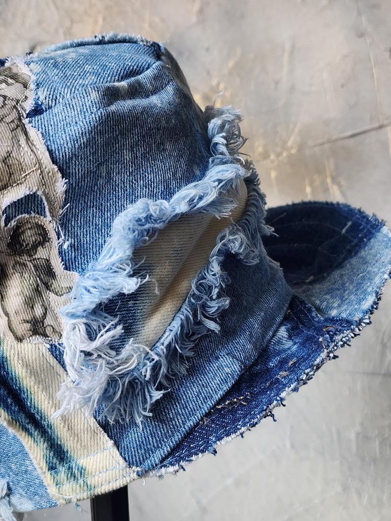 L'AZUR DE GURSON / Avant-Garde Top Hat Sculptured Designer French Garçon Cap Upcycled Blue Denim Raw Cut Patched