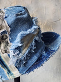 L'AZUR DE GURSON / Avant-Garde Top Hat Sculptured Designer French Garçon Cap Upcycled Blue Denim Raw Cut Patched