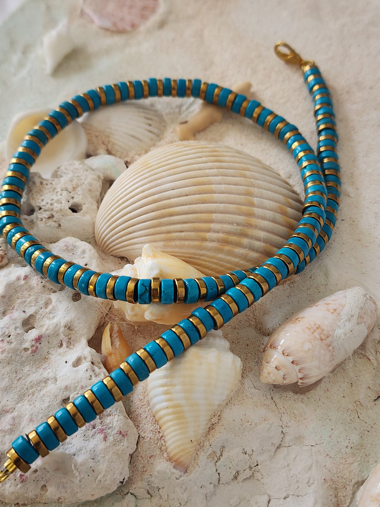Snake Island / Surf Choker Natural Blue Stone Turquoise Unique Beaded Necklace for Men