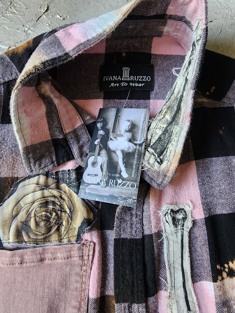 BEAUTIFULLY BROKEN / Designer Upcycled Kimono Duster Button-Down Flannel Top Artisan Cottage Appliqué