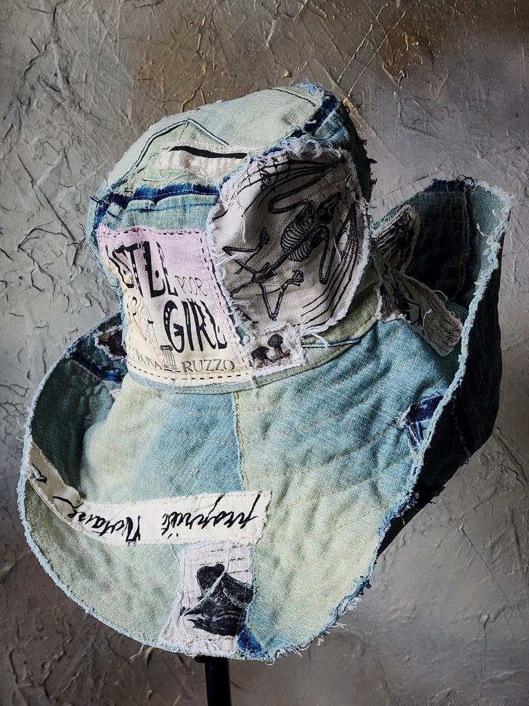 ARCHIVIST / Avant-Garde Sculptured Tophat Wide Side Upcycled Denim Raw Cut Snake Print Patched Dark Academy Vintage style