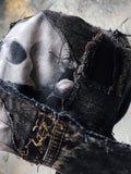 SAINT AND RELIC NUMBER 5 / AVANT-GARDE TOP HAT SKULL APLIQUE UPCYCLED BLACK DENIM SCULPTURED ARTISAN HAT