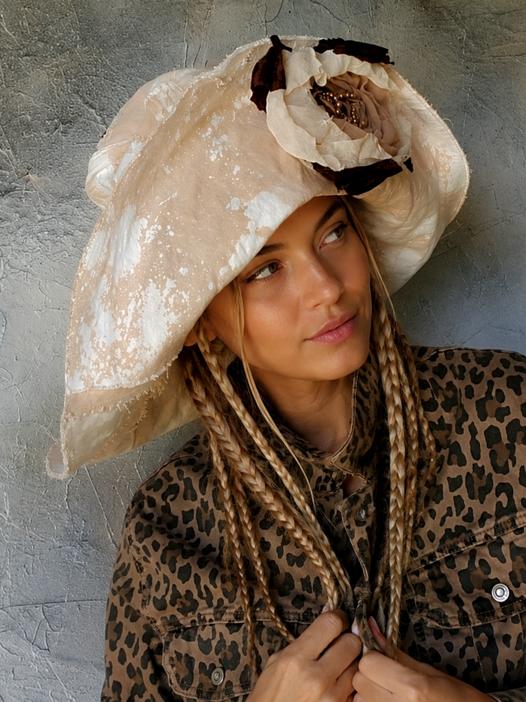 Comtesse La Fleur / Designer Top Hat Upcycled Raw Wide-Brim Rose Pin Pearl Embellishment Patched Artisan Hat