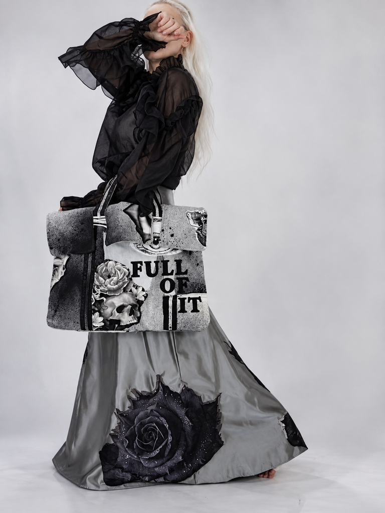 FOLL OF IT / Designer Handbag Distressed Black Denim Scull Appliqué Logo Eye Patch Appliqué Avant-garde Street-wear