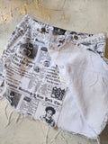 Swifty / Authentic Avant-Garde Designer Mini Skirt Upcycled Gazette Print Denim Shabby Chic Raw Cut Concept Street wear