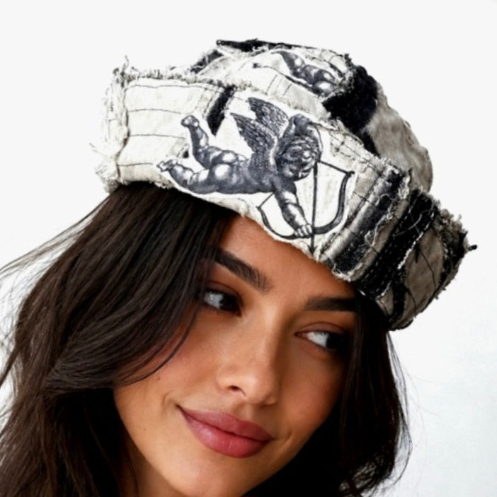 Angel Swing / Avant-Garde Sailor Hat Dyed Distressed Denim Cupid Angel Print Logo Patch Dark Academy Vintage