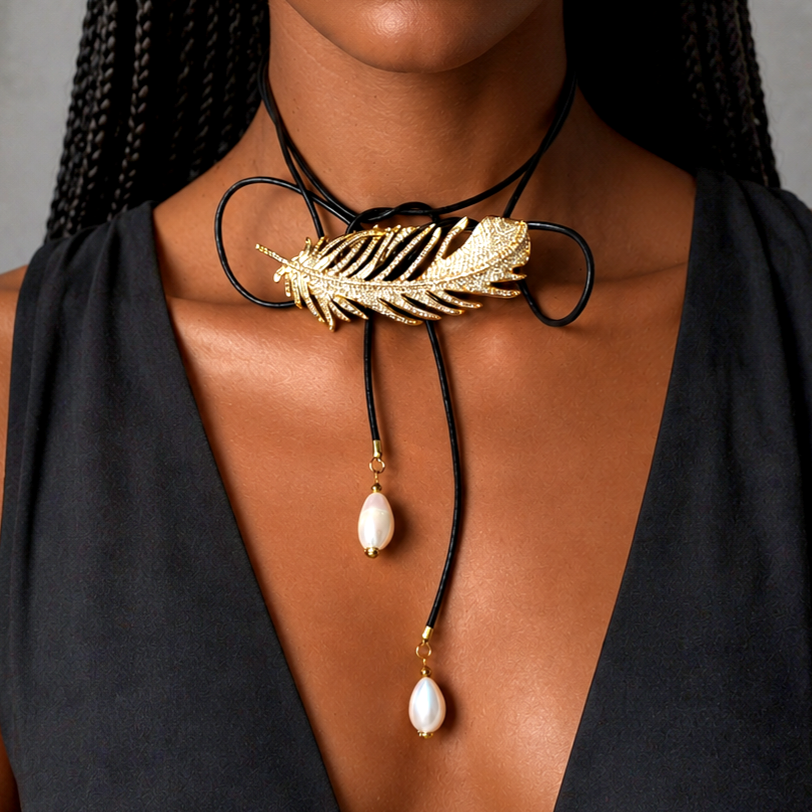 Patricia Night / 14K Gold plated Designer Couture Statement Necklace Feather Choker Topaz Pave Genuine Leather Pearl Lariat