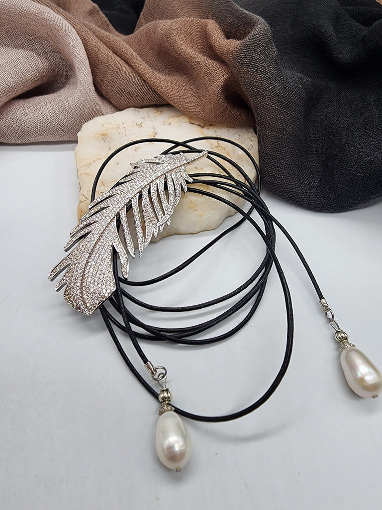 Patricia Night / 14K Gold plated Designer Couture Statement Necklace Feather Choker Topaz Pave Genuine Leather Pearl Lariat