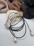 Patricia Night / 14K Gold plated Designer Couture Statement Necklace Feather Choker Topaz Pave Genuine Leather Pearl Lariat