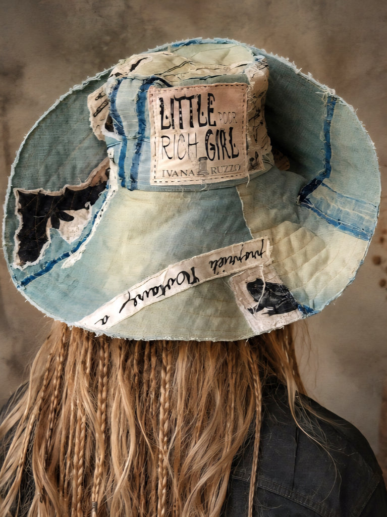 ARCHIVIST / Avant-Garde Sculptured Tophat Wide Side Upcycled Denim Raw Cut Snake Print Patched Dark Academy Vintage style
