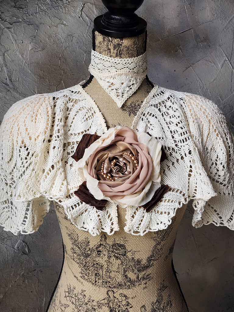Comtesse La Fleur / Cottage Romantic Pelerine Shal Vintage Lace Large Silk Rose Flower Jabot Cotton Bowtie Tie Lace Choker