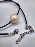 Floating Pearl / 14K White Gold Plated Chain Clasp Freshwatter Large Natural Pearl Genuine Black Leather