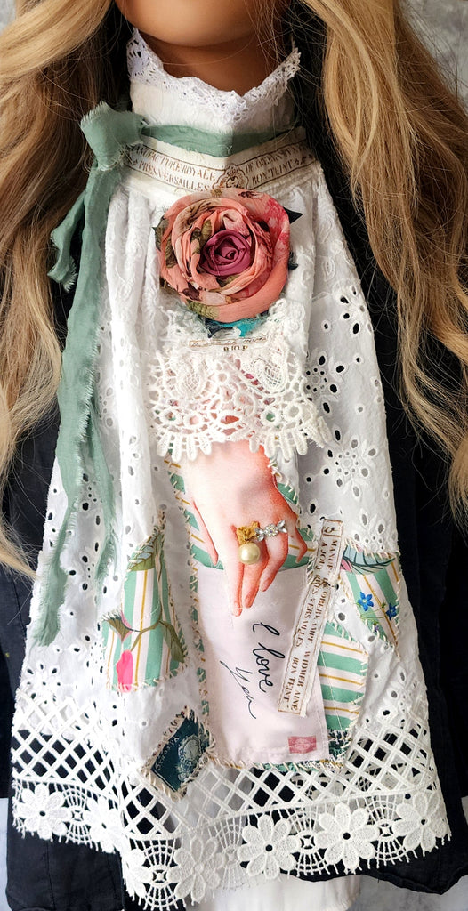 Cupid LOVE LETTERS / Collar Jabot Tie Upcycled Lace Pearl Crystal  Boho Vintage Bow Cottage Rose Edwardian Pink Magnolia Flower Pin