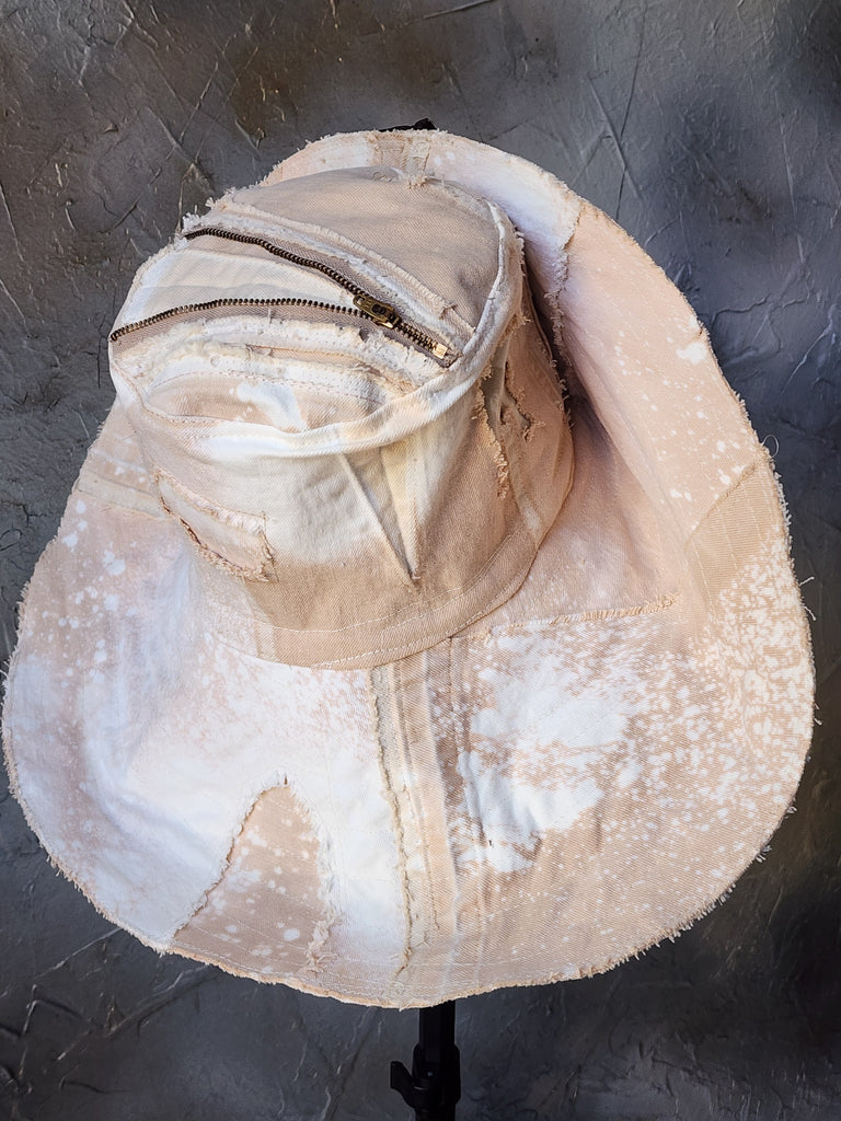 Comtesse La Fleur / Designer Top Hat Upcycled Raw Wide-Brim Rose Pin Pearl Embellishment Patched Artisan Hat