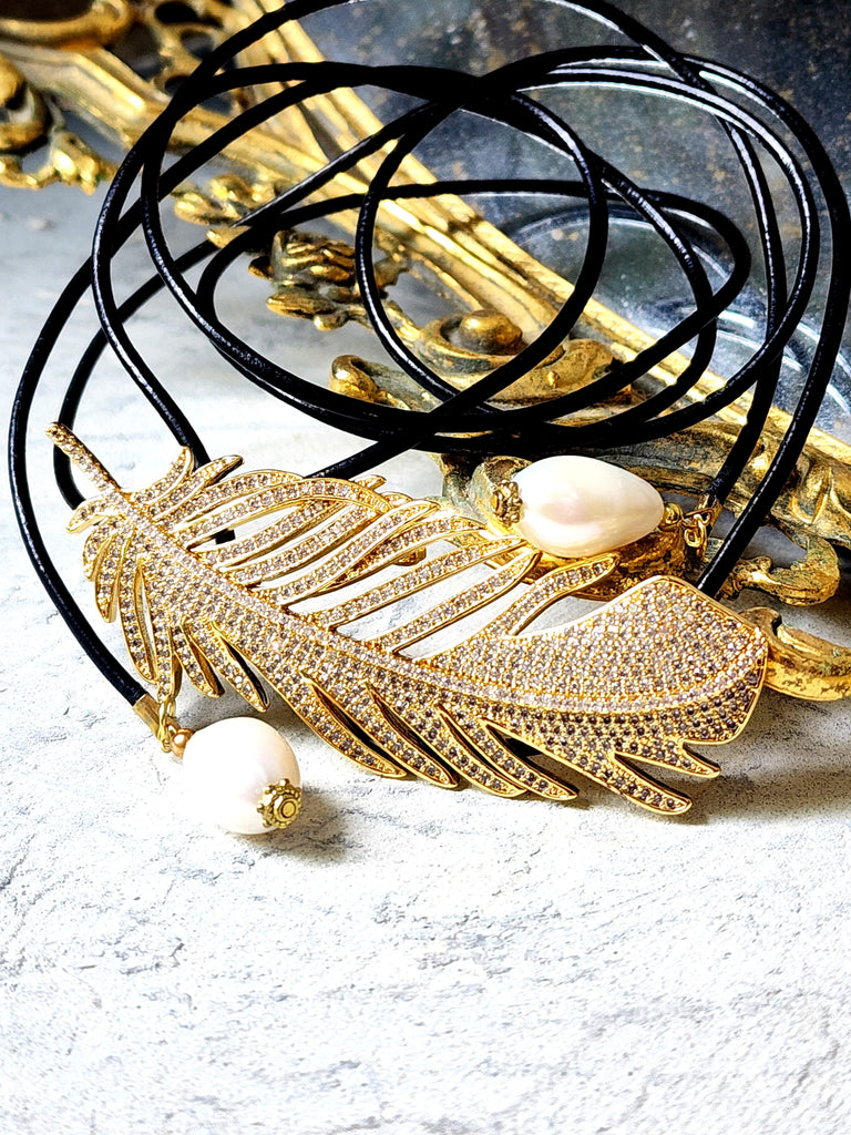 Patricia Night / 14K Gold plated Designer Couture Statement Necklace Feather Choker Topaz Pave Genuine Leather Pearl Lariat