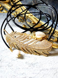 Patricia Night / 14K Gold plated Designer Couture Statement Necklace Feather Choker Topaz Pave Genuine Leather Pearl Lariat