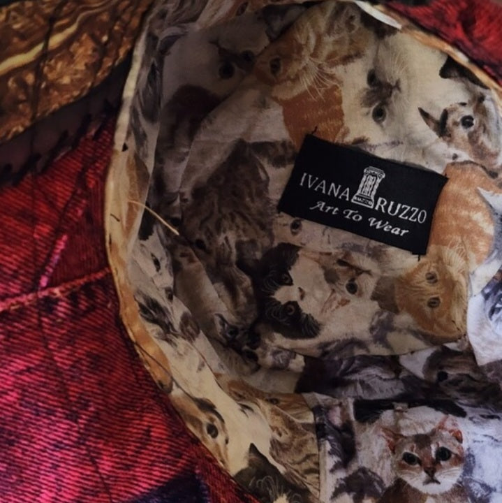 Baroque Cat / Burgundy Denim Designer Top Hat Ripped Patched Cottage Hand Stitched Of-White Peony/Rose Pin