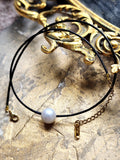Floating Pearl / 14K Yellow Gold Plated Chain Clasp Freshwatter Large Natural Pearl Genuine Black Leather