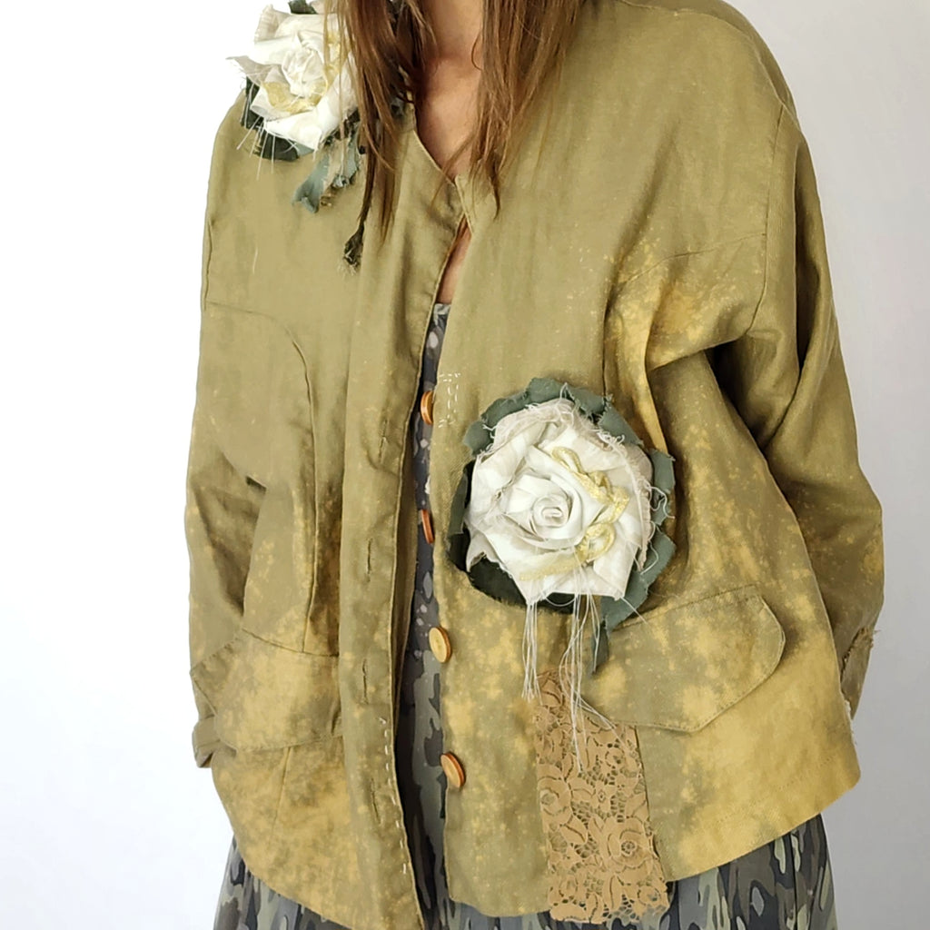 Artisan Approach / Designer Blazer Unique Concept Wear Large 3D White Rose Linen Avangard Fashion Shabby Chic Jacket
