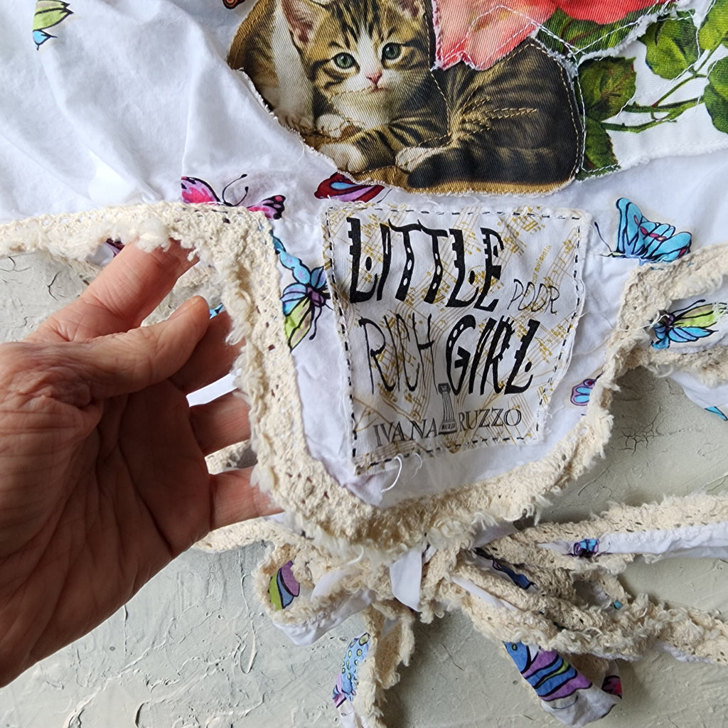 Morning Garden / Designer Victorian Top Ruffle European Cotton Cat Rose Hand Patched Distressing Patchwork Floral Top