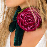 Burgundy Chic / Cottage Velvet Jabot Bow Tie Romantic Flower Fabric Rose Camellia Velvet Scarf Green Velvet Scarf