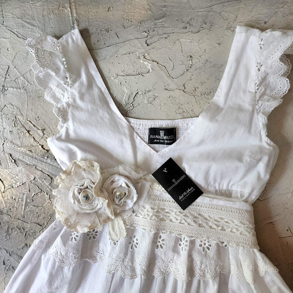 Spread Love Rose / Designer Maxi Dress  size L/M Vintage Lace Edwardian Off-White Cotton Magnolia Belt Flower