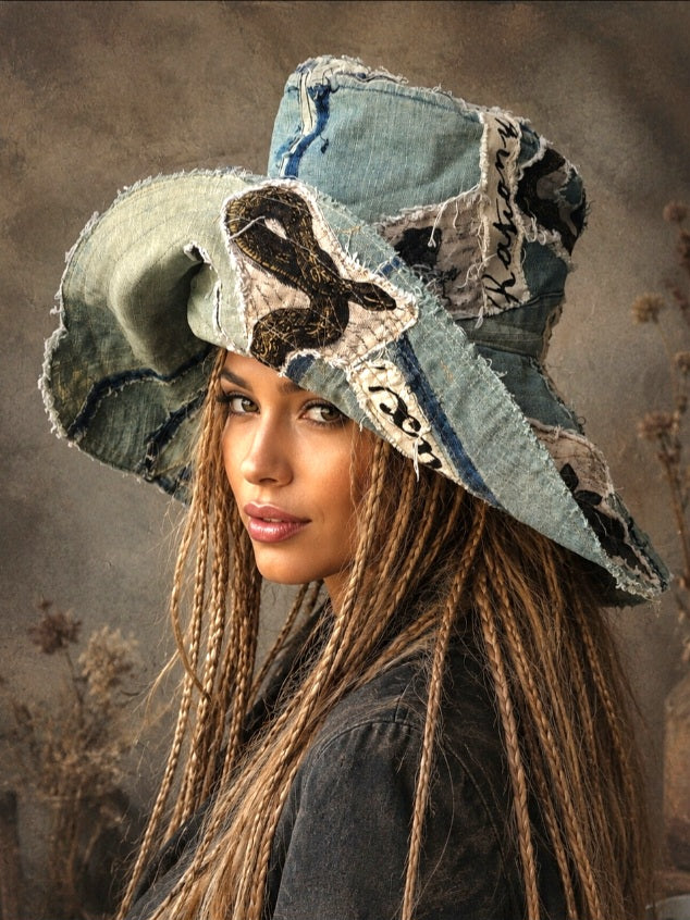 ARCHIVIST / Avant-Garde Sculptured Tophat Wide Side Upcycled Denim Raw Cut Snake Print Patched Dark Academy Vintage style