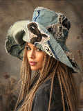 ARCHIVIST / Avant-Garde Sculptured Tophat Wide Side Upcycled Denim Raw Cut Snake Print Patched Dark Academy Vintage style