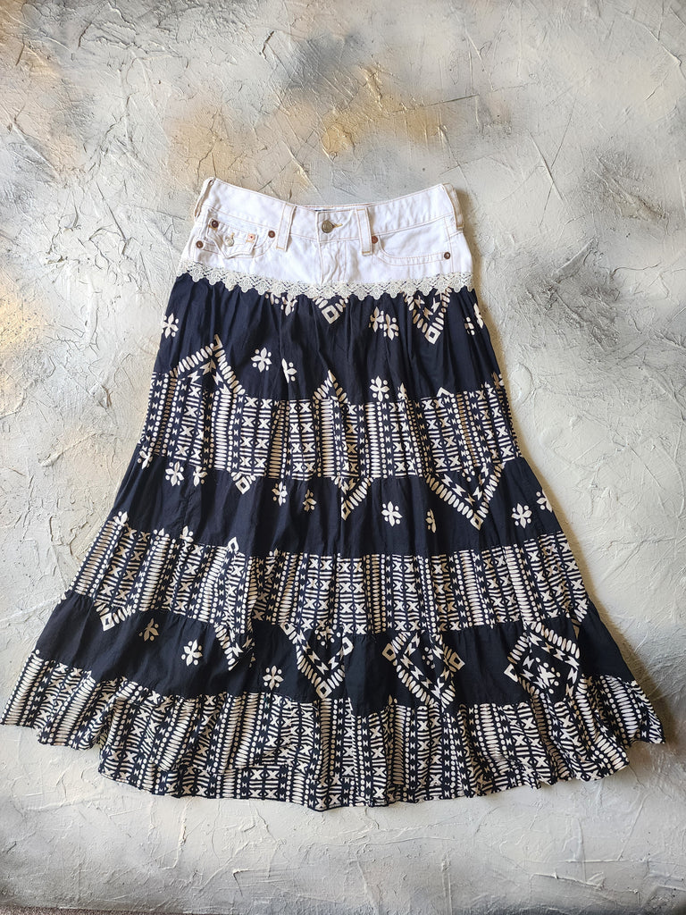 Country Lina / Authentic Boho Maxi Skirt Designer Upcycled European Cotton Denim Shabby Chic Concept Street wear