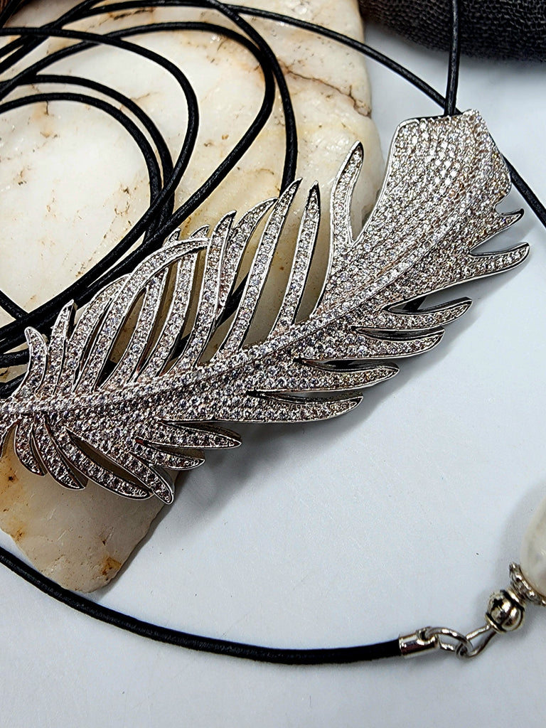 Patricia Night / 14K Gold plated Designer Couture Statement Necklace Feather Choker Topaz Pave Genuine Leather Pearl Lariat