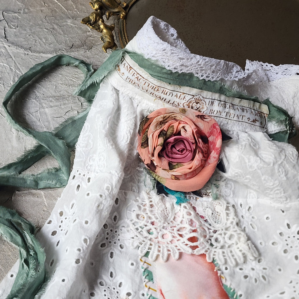 Cupid LOVE LETTERS / Collar Jabot Tie Upcycled Lace Pearl Crystal  Boho Vintage Bow Cottage Rose Edwardian Pink Magnolia Flower Pin