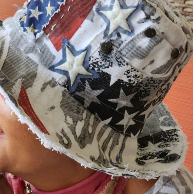 SOUTH STARS / Designer Top Hat Shabby Chic Hat Upcycled Distressed Denim Bohemian style Hat Hand Stitched Top Hat Patchwork