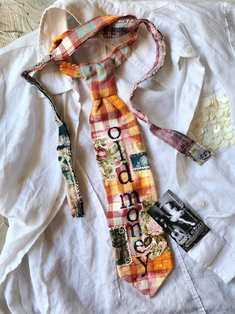 OLD MONEY CRAVAT / Shabby Chic Tie Jabot Bohemian Upcycled Plaid Boho Necklace Upcycled Cottage Patched Artisan Bowtie