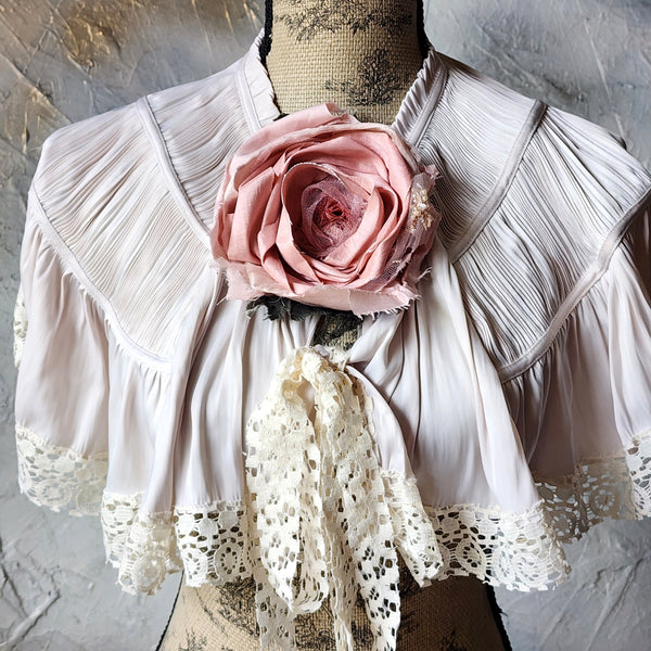 Laid Back Jen / Vintage Lace Silk Pelerina Kaput Cottage Romantic Flower Big Rose Jabot Bowtie Boho