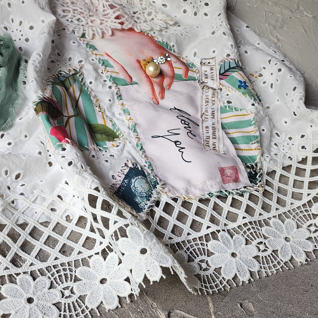 Cupid LOVE LETTERS / Collar Jabot Tie Upcycled Lace Pearl Crystal  Boho Vintage Bow Cottage Rose Edwardian Pink Magnolia Flower Pin