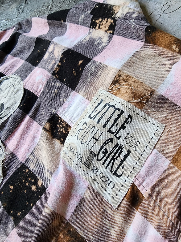 BEAUTIFULLY BROKEN / Designer Upcycled Kimono Duster Button-Down Flannel Top Artisan Cottage Appliqué