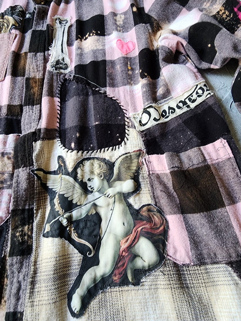 BEAUTIFULLY BROKEN / Designer Upcycled Kimono Duster Button-Down Flannel Top Artisan Cottage Appliqué
