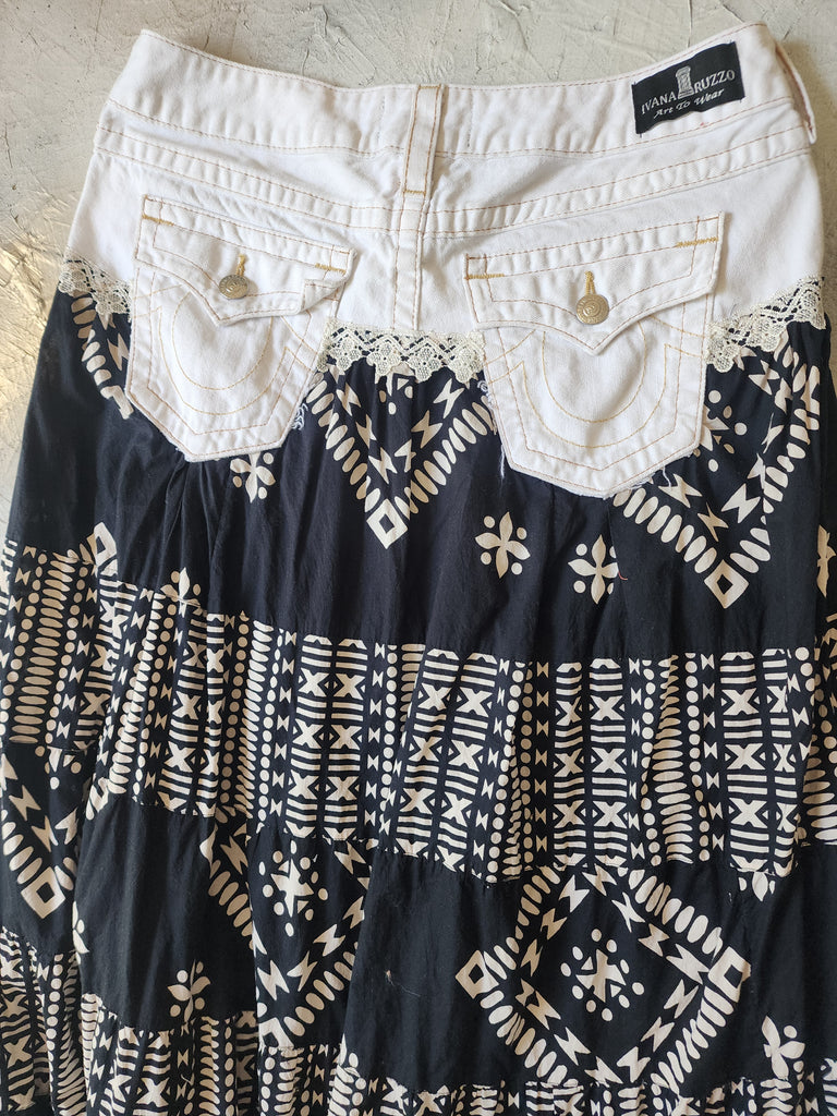 Country Lina / Authentic Boho Maxi Skirt Designer Upcycled European Cotton Denim Shabby Chic Concept Street wear