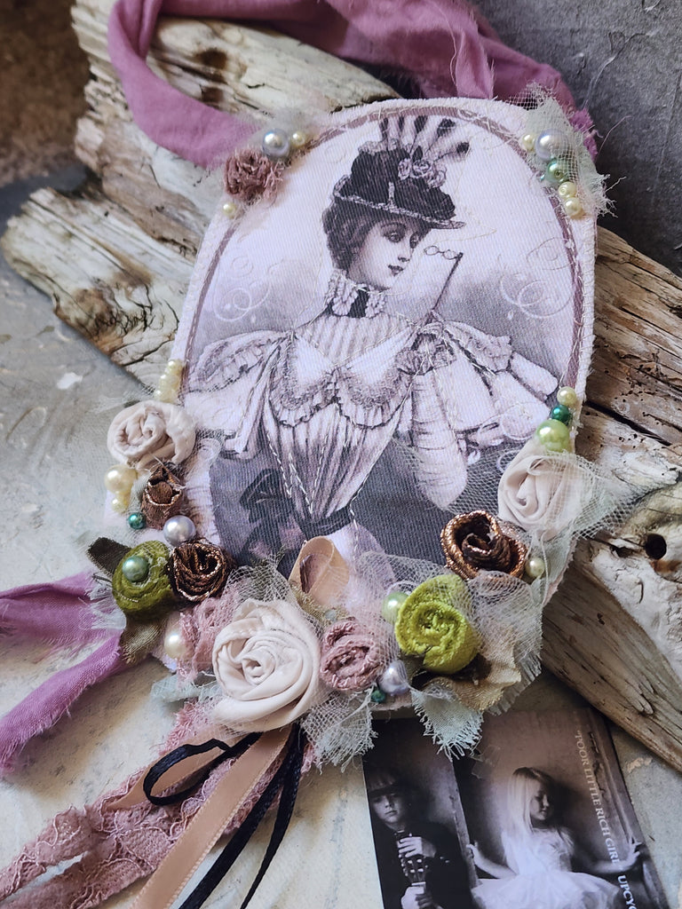 Mademoiselle Camellia/ Patchwork Caller Lady Jabot Bowtie Rose Pearl Medallion BowTie 100% European Cotton Shabby Chic Victorian