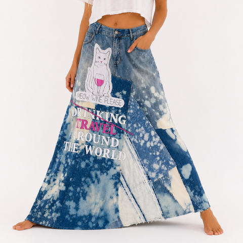 Drink Around the World / Avant-garde Designer Maxi Skirt Upcycled Recycled Denim Chic Concept Street wear