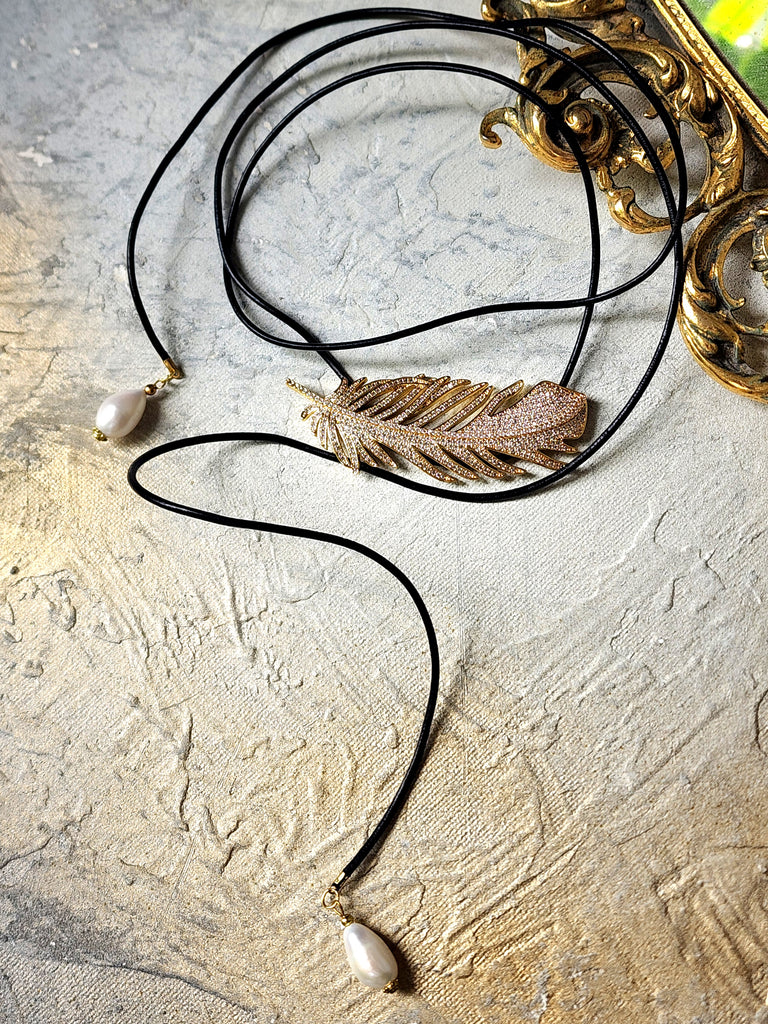 Patricia Night / 14K Gold plated Designer Couture Statement Necklace Feather Choker Topaz Pave Genuine Leather Pearl Lariat