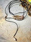 Patricia Night / 14K Gold plated Designer Couture Statement Necklace Feather Choker Topaz Pave Genuine Leather Pearl Lariat