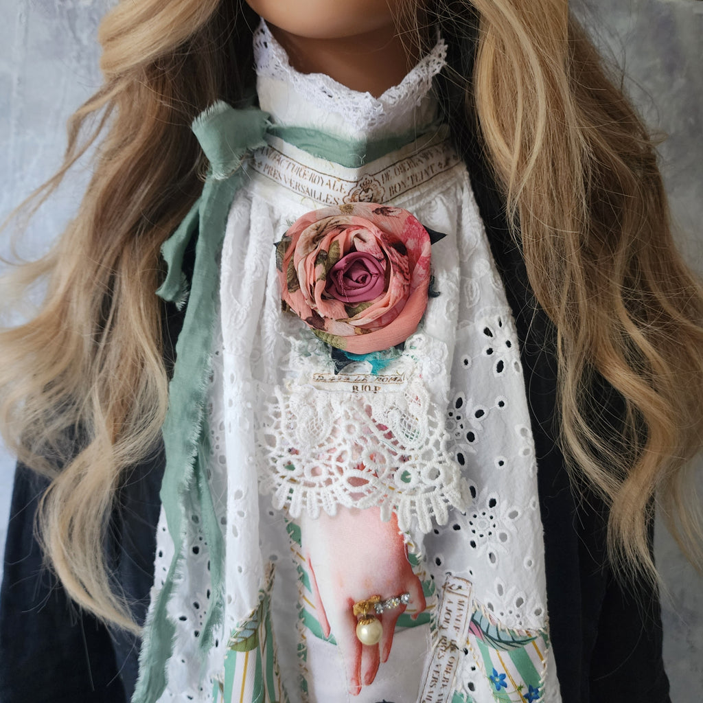 Cupid LOVE LETTERS / Collar Jabot Tie Upcycled Lace Pearl Crystal  Boho Vintage Bow Cottage Rose Edwardian Pink Magnolia Flower Pin