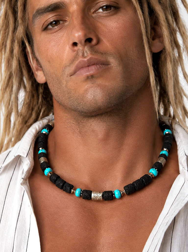 SURF / Large Surf Choker Natural Blue Stone Chrome Lava Unique Beaded Necklace for Men