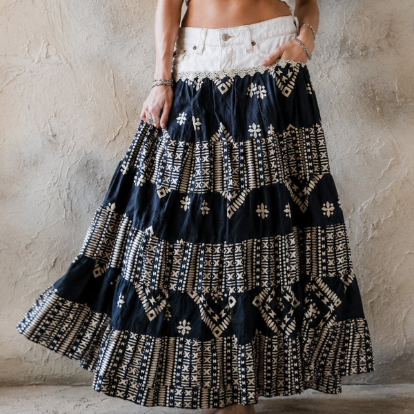 Country Lina / Authentic Boho Maxi Skirt Designer Upcycled European Cotton Denim Shabby Chic Concept Street wear