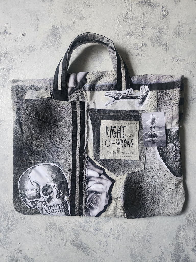 FOLL OF IT / Designer Handbag Distressed Black Denim Scull Appliqué Logo Eye Patch Appliqué Avant-garde Street-wear