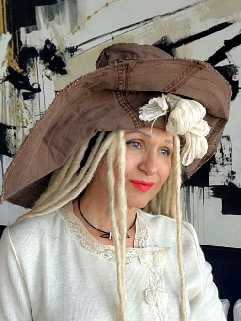 MOCCO ACADEMY / Designer Top Hat Shabby Chic Hat Upcycled Distressed Denim Bohemian style Hat Hand Stitched Top Hat Patchwork