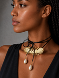 Patricia Night / 14K Gold plated Designer Couture Statement Necklace Feather Choker Topaz Pave Genuine Leather Pearl Lariat